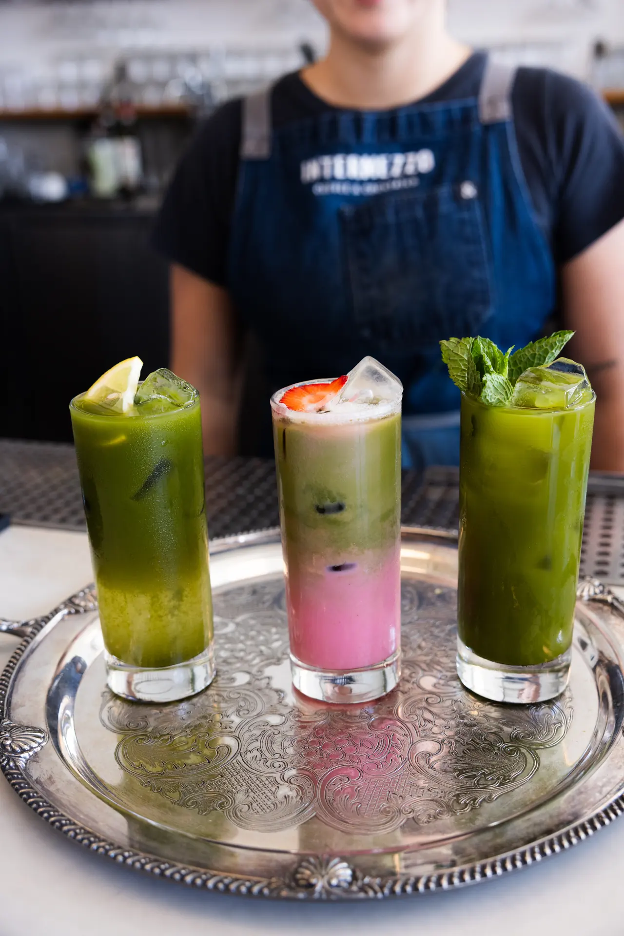 Tray of matcha drinks served at Intermezzo cafe, photographed by Orange Grove Social