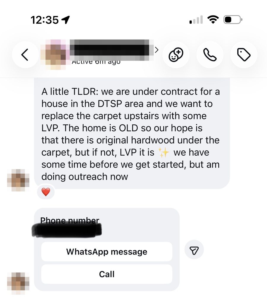 Instagram direct message from a homebuyer in downtown St. Petersburg requesting flooring replacement, with phone number shared