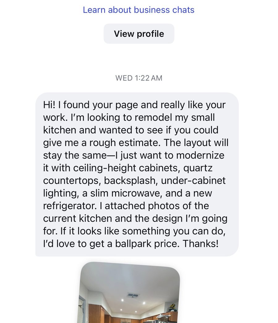 Instagram direct message from a homeowner asking for a full kitchen remodel estimate after finding the contractor's page