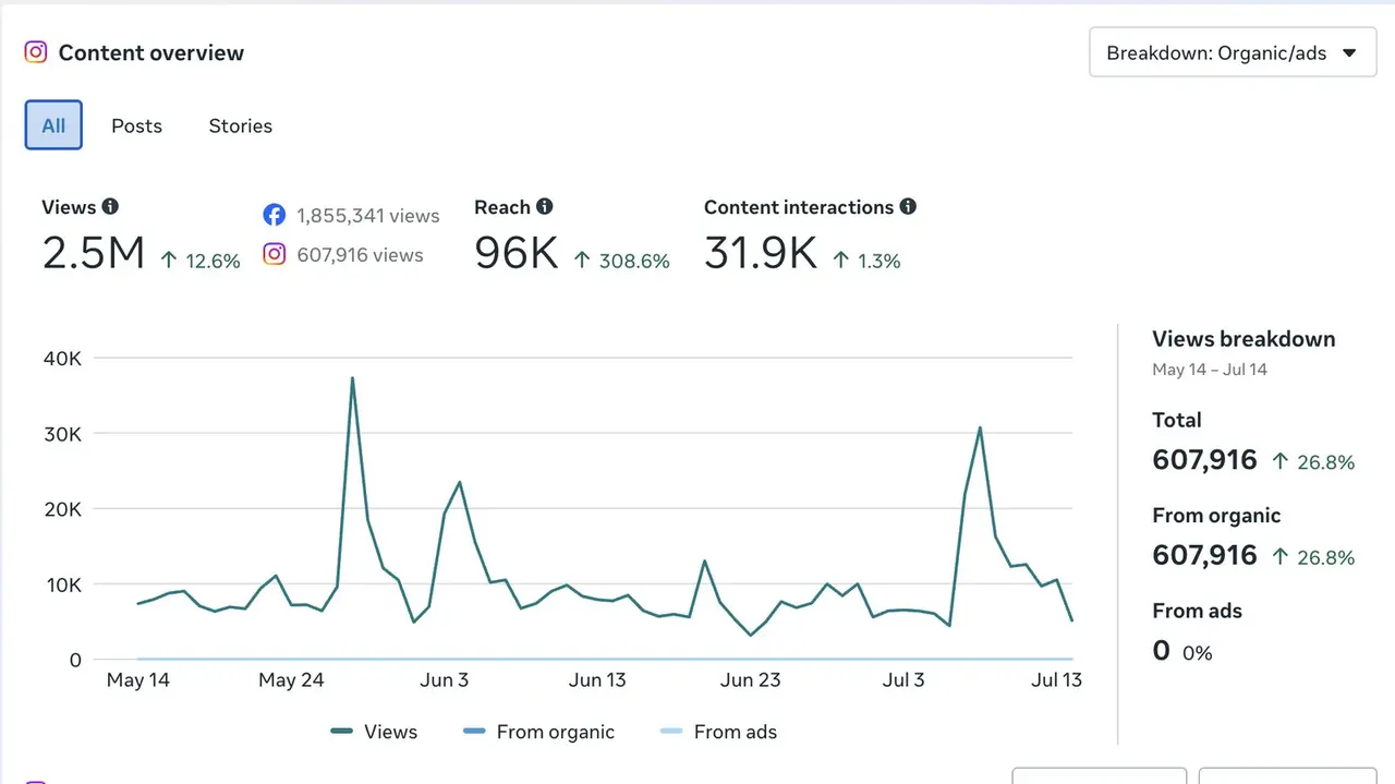 Meta Business Suite analytics showing 2.5 million organic views for The Tides Market